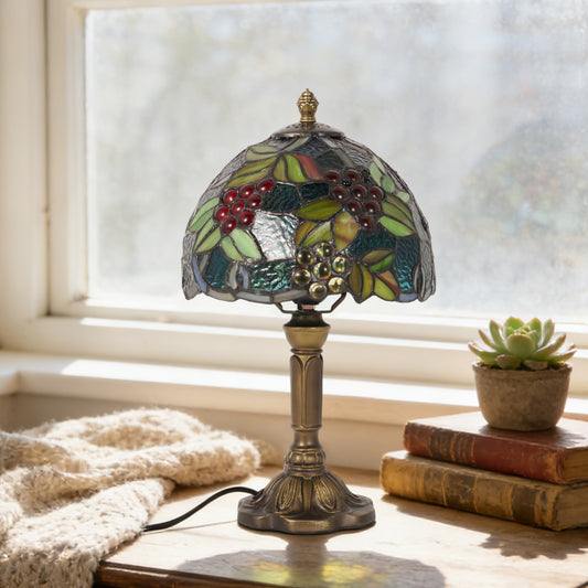 Vintage Tiffany Style Grape Stained Glass Table Lamp - Art Glass Bedside Lamp with Bronze Base