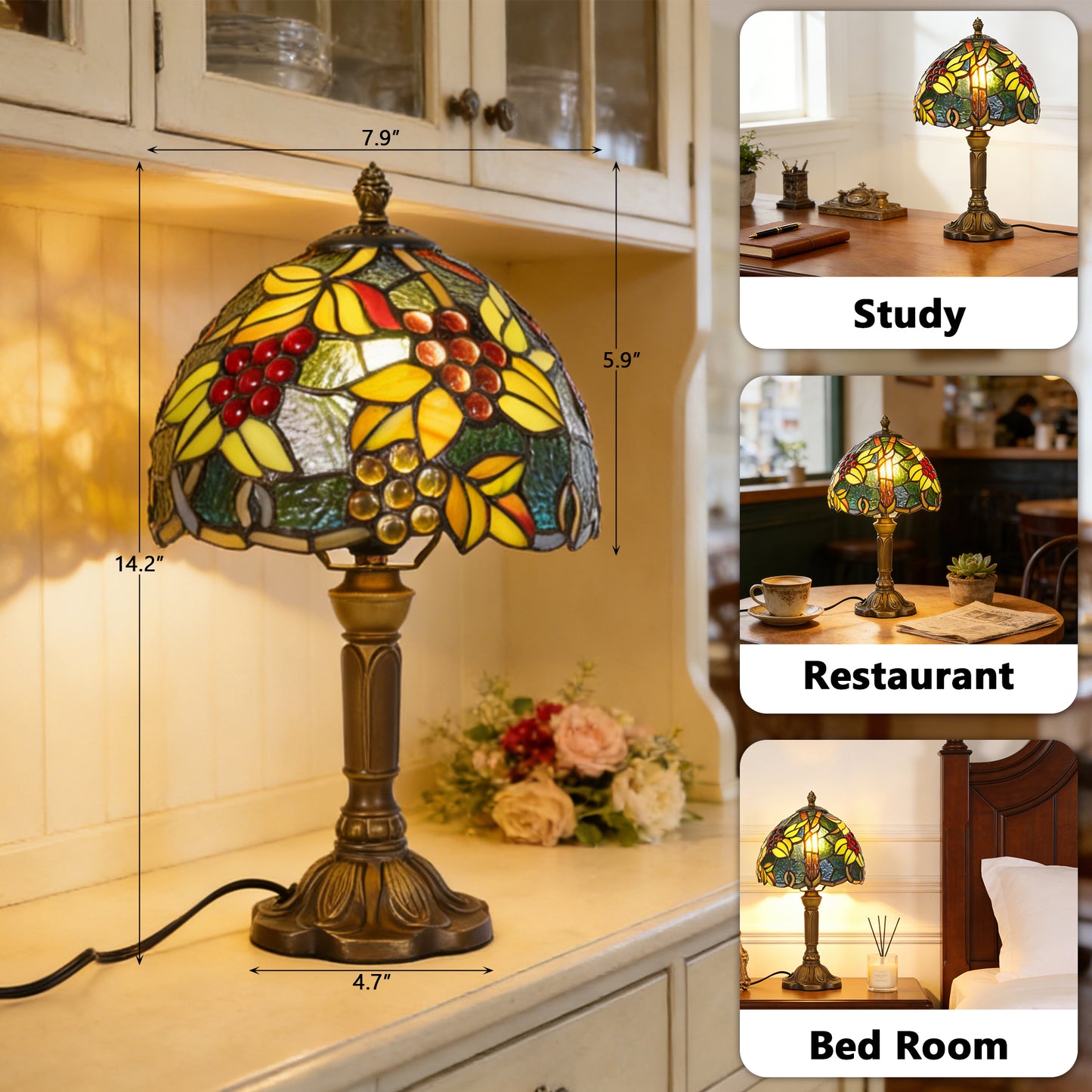 Vintage Tiffany Style Grape Stained Glass Table Lamp - Art Glass Bedside Lamp with Bronze Base