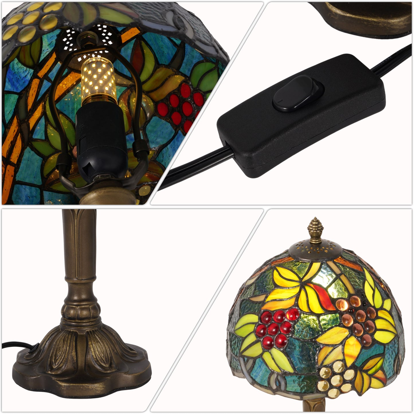 Vintage Tiffany Style Grape Stained Glass Table Lamp - Art Glass Bedside Lamp with Bronze Base