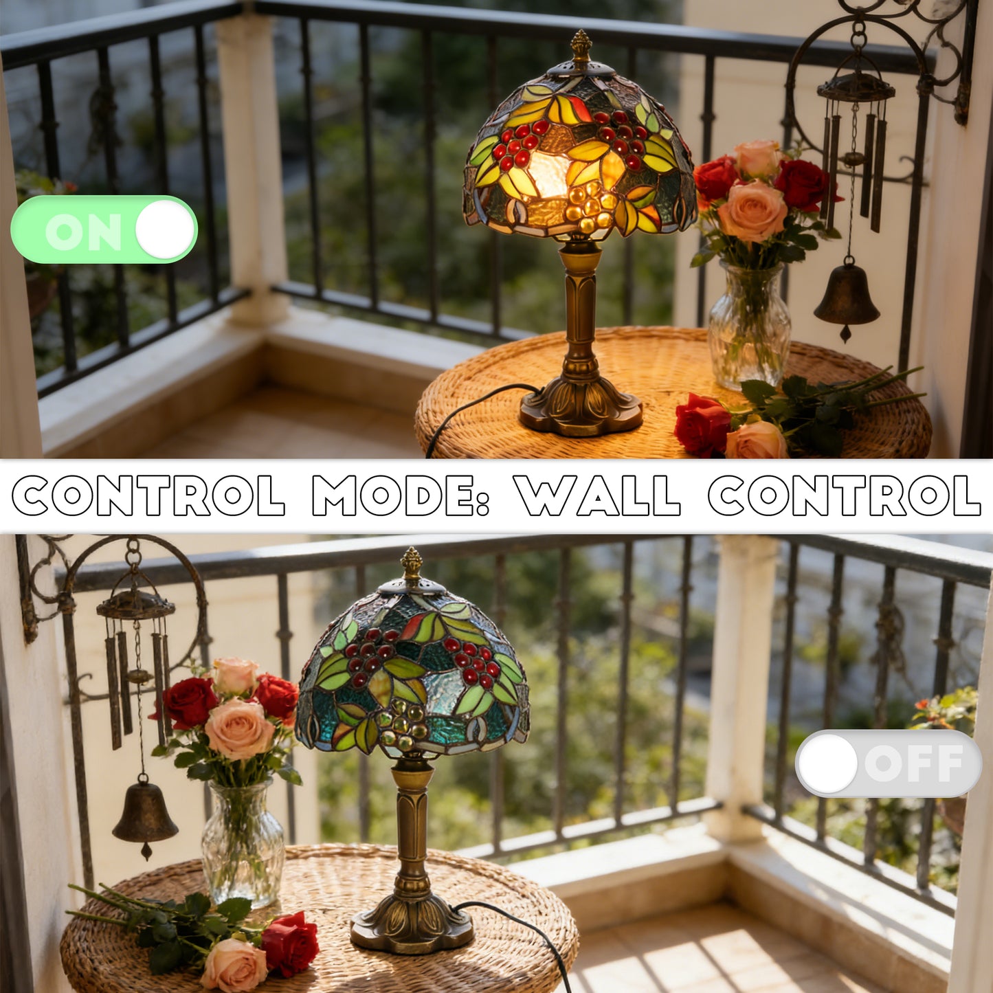Vintage Tiffany Style Grape Stained Glass Table Lamp - Art Glass Bedside Lamp with Bronze Base