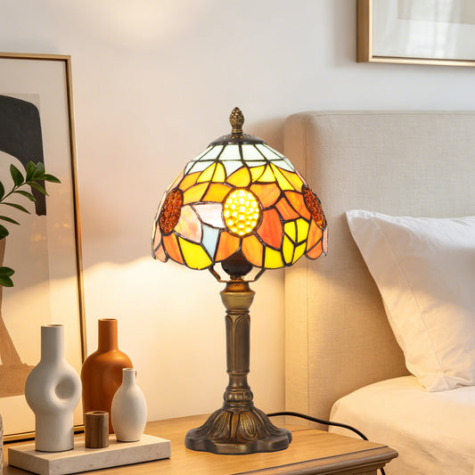 Sunflower Tiffany Style Stained Glass Table Lamp | Yellow Orange Vintage Bronze Base Desk Lamp with E26 Base