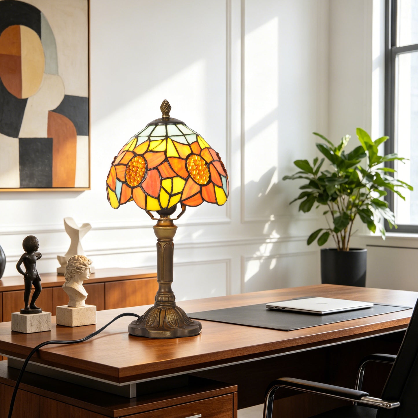 Sunflower Tiffany Style Stained Glass Table Lamp | Yellow Orange Vintage Bronze Base Desk Lamp with E26 Base