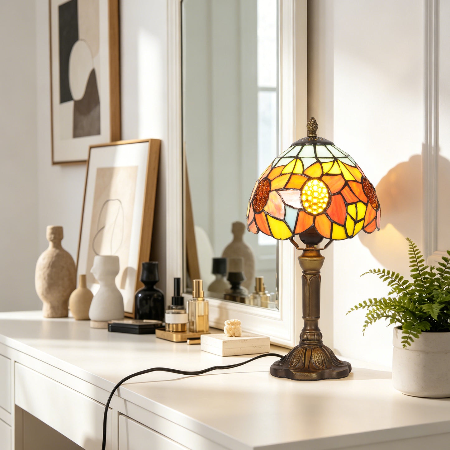 Sunflower Tiffany Style Stained Glass Table Lamp | Yellow Orange Vintage Bronze Base Desk Lamp with E26 Base