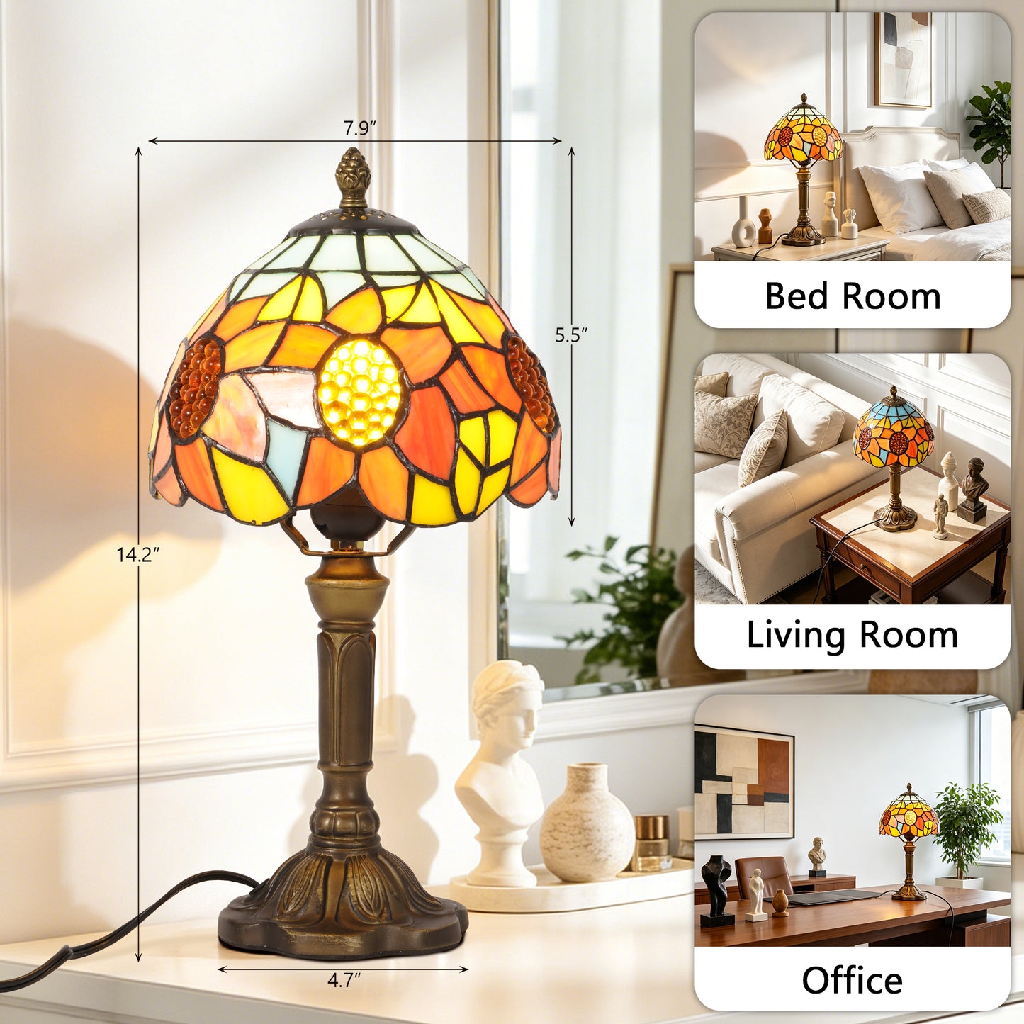 Sunflower Tiffany Style Stained Glass Table Lamp | Yellow Orange Vintage Bronze Base Desk Lamp with E26 Base