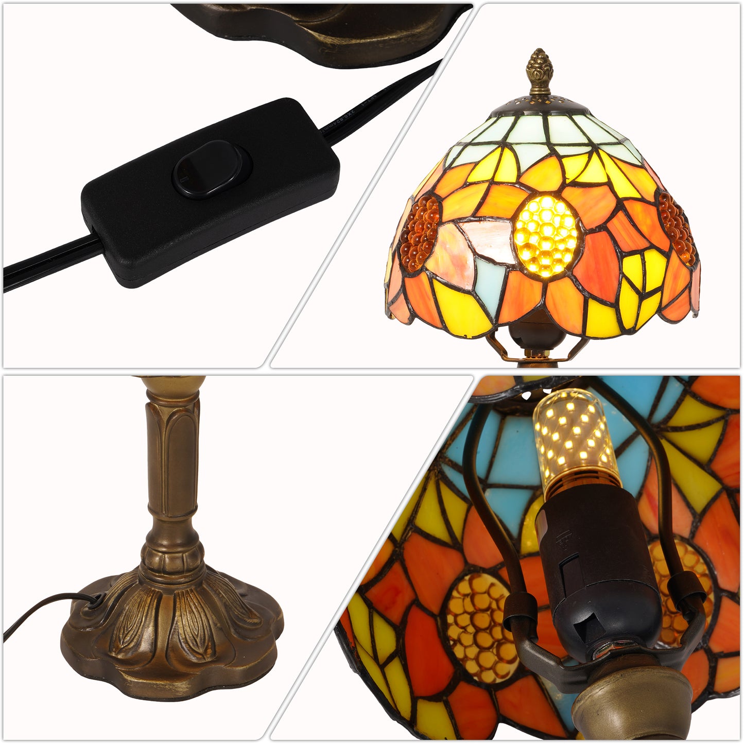 Sunflower Tiffany Style Stained Glass Table Lamp | Yellow Orange Vintage Bronze Base Desk Lamp with E26 Base