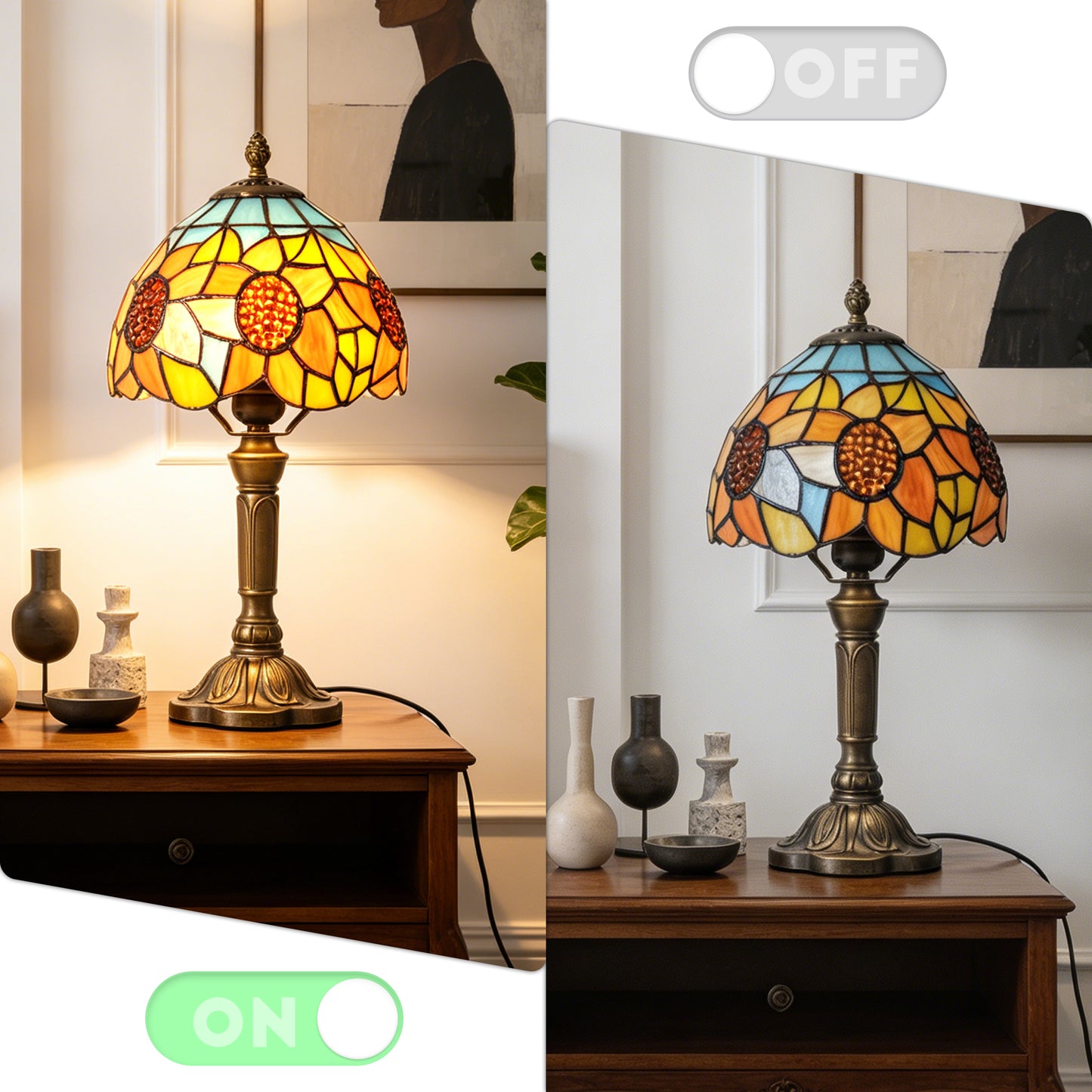 Sunflower Tiffany Style Stained Glass Table Lamp | Yellow Orange Vintage Bronze Base Desk Lamp with E26 Base