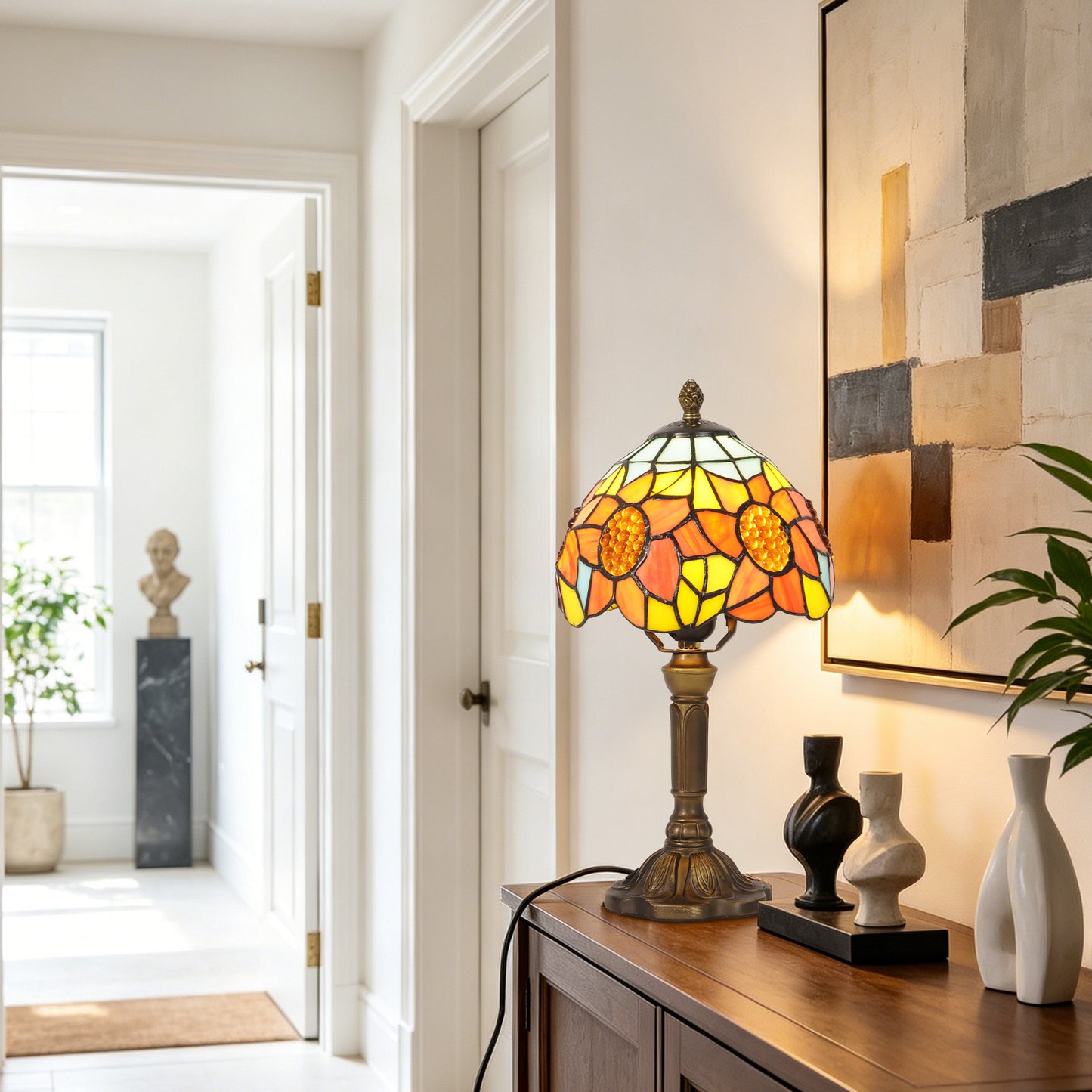 Sunflower Tiffany Style Stained Glass Table Lamp | Yellow Orange Vintage Bronze Base Desk Lamp with E26 Base