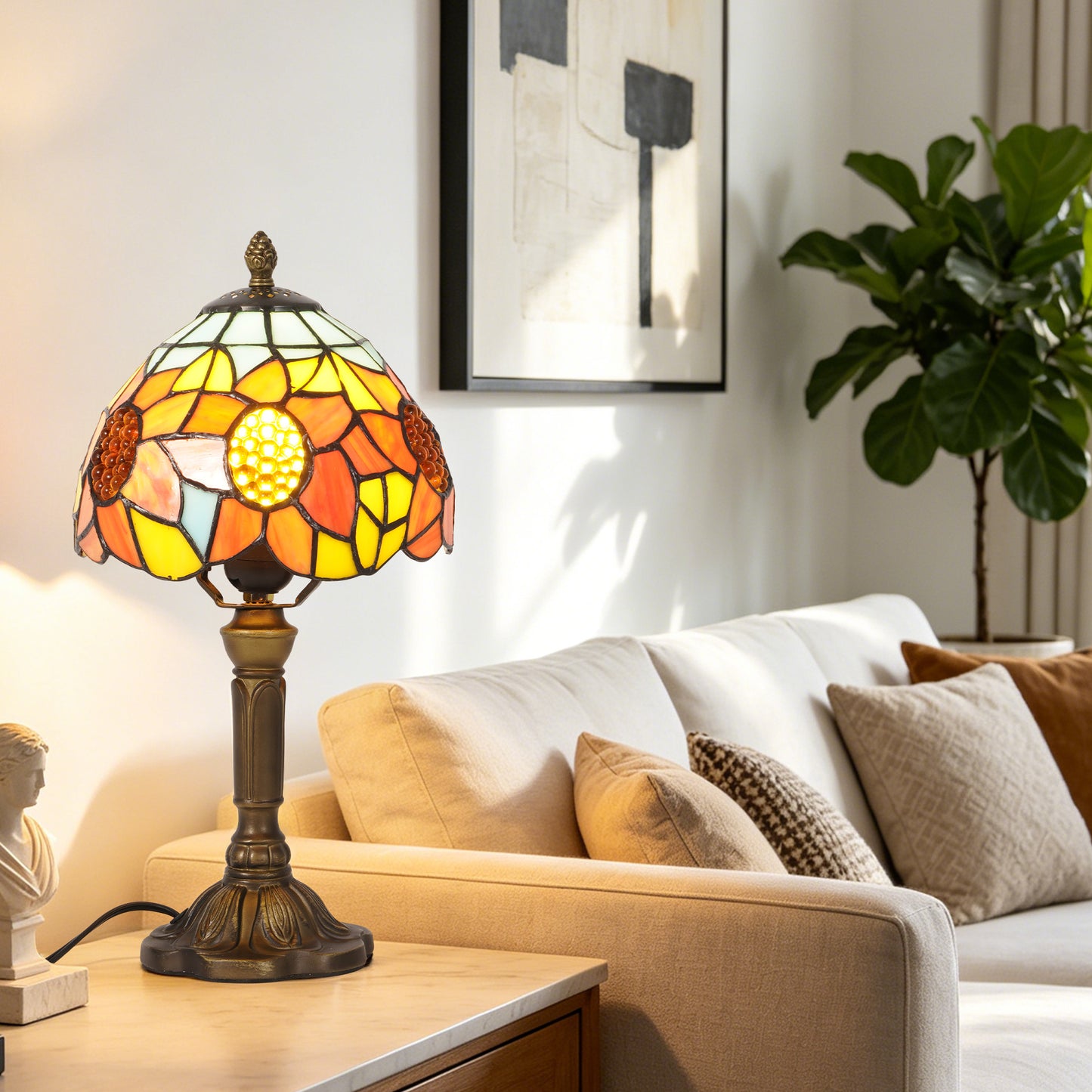 Sunflower Tiffany Style Stained Glass Table Lamp | Yellow Orange Vintage Bronze Base Desk Lamp with E26 Base