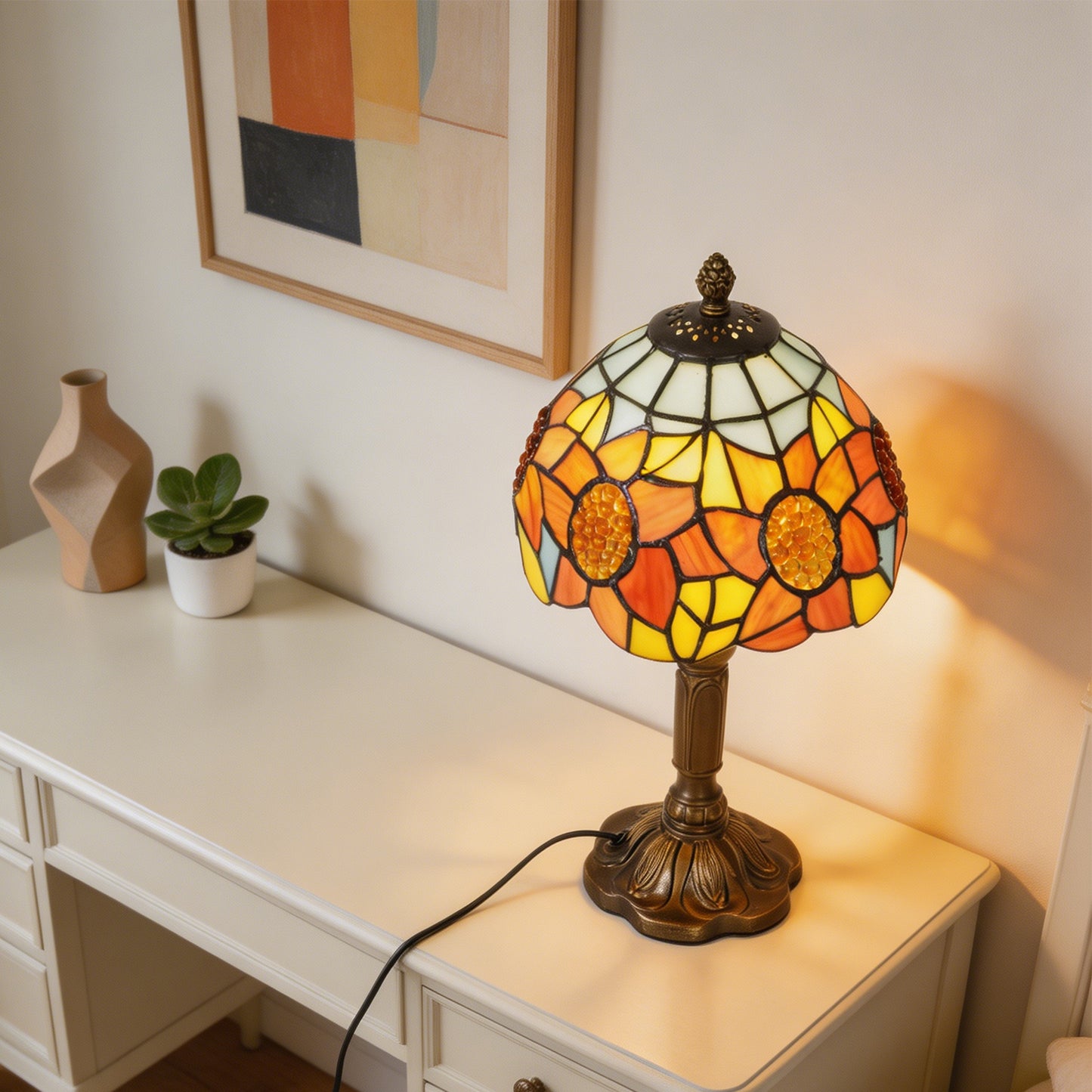 Sunflower Tiffany Style Stained Glass Table Lamp | Yellow Orange Vintage Bronze Base Desk Lamp with E26 Base
