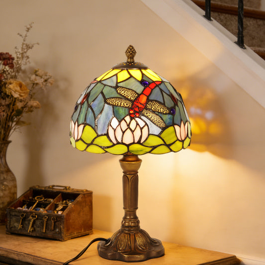 Vintage Tiffany Style Dragonfly & Water Lily Stained Glass Table Lamp - Art Glass Bedside Lamp with Bronze Base
