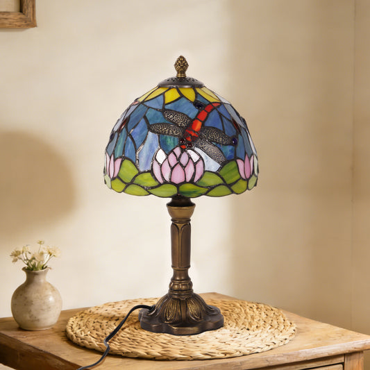 Vintage Tiffany Style Dragonfly & Water Lily Stained Glass Table Lamp - Art Glass Bedside Lamp with Bronze Base