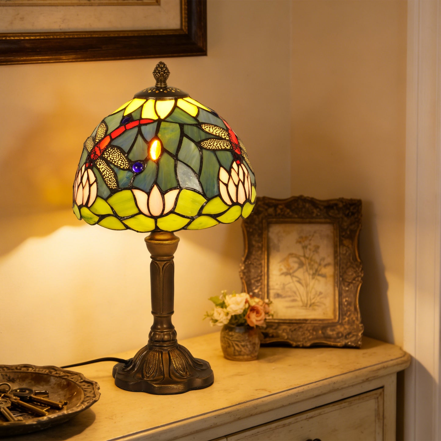Vintage Tiffany Style Dragonfly & Water Lily Stained Glass Table Lamp - Art Glass Bedside Lamp with Bronze Base