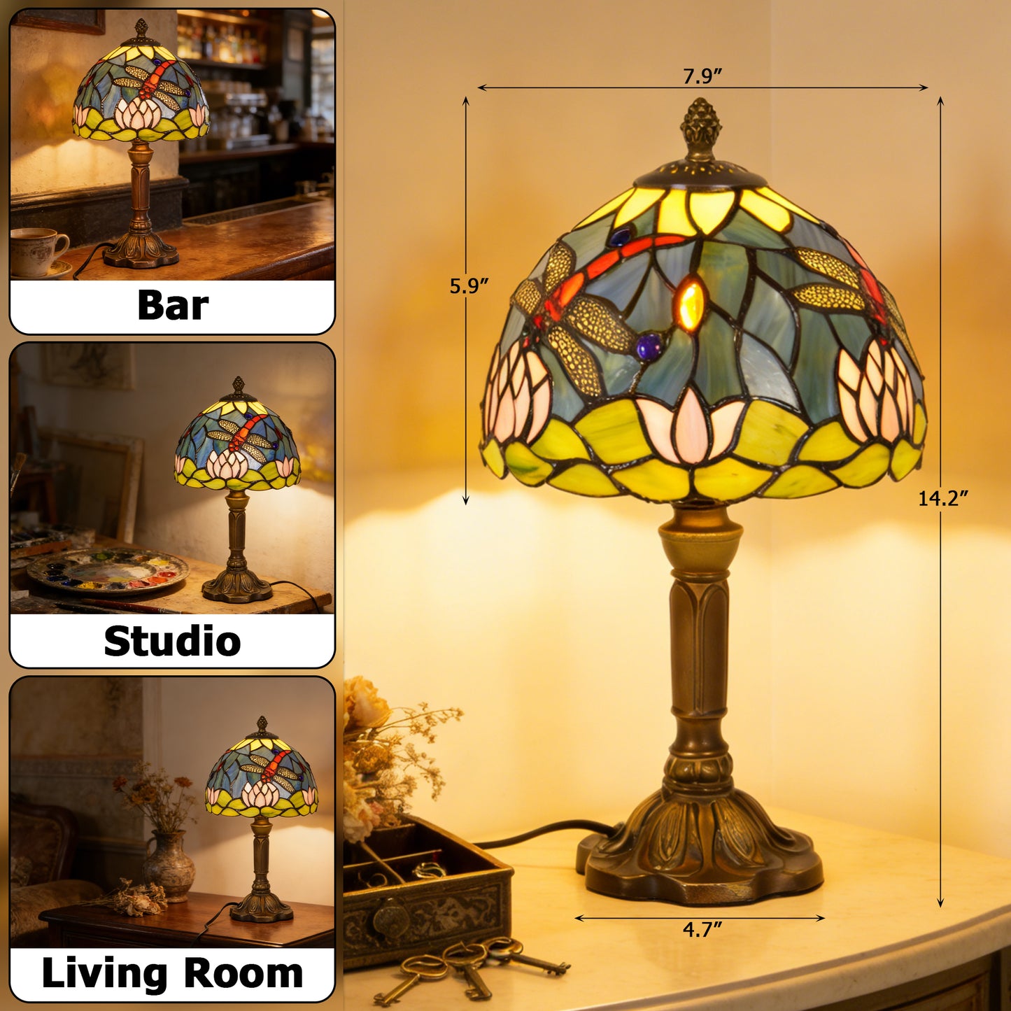 Vintage Tiffany Style Dragonfly & Water Lily Stained Glass Table Lamp - Art Glass Bedside Lamp with Bronze Base
