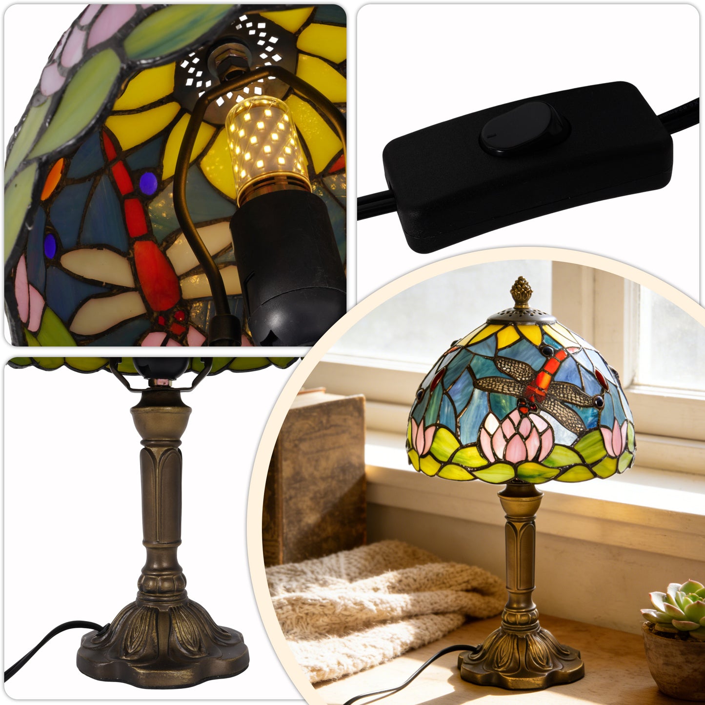 Vintage Tiffany Style Dragonfly & Water Lily Stained Glass Table Lamp - Art Glass Bedside Lamp with Bronze Base