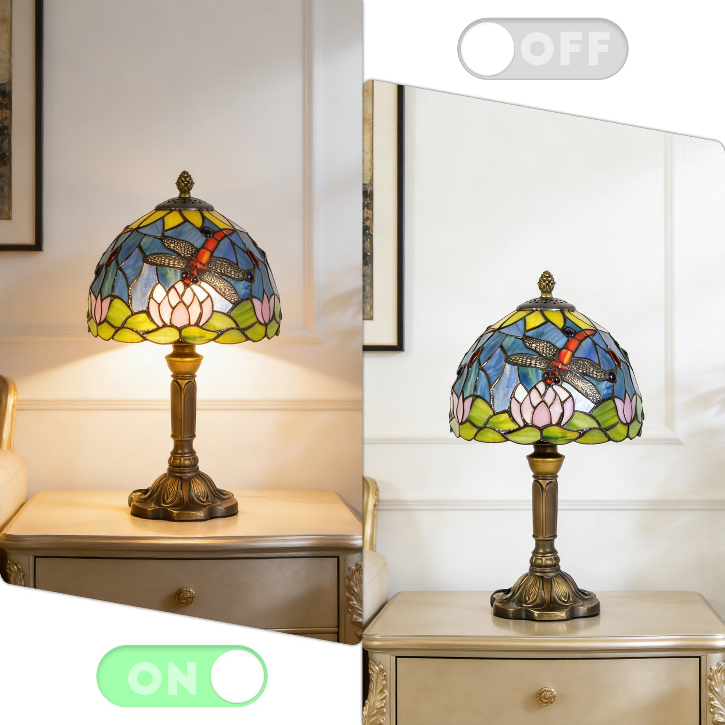 Vintage Tiffany Style Dragonfly & Water Lily Stained Glass Table Lamp - Art Glass Bedside Lamp with Bronze Base