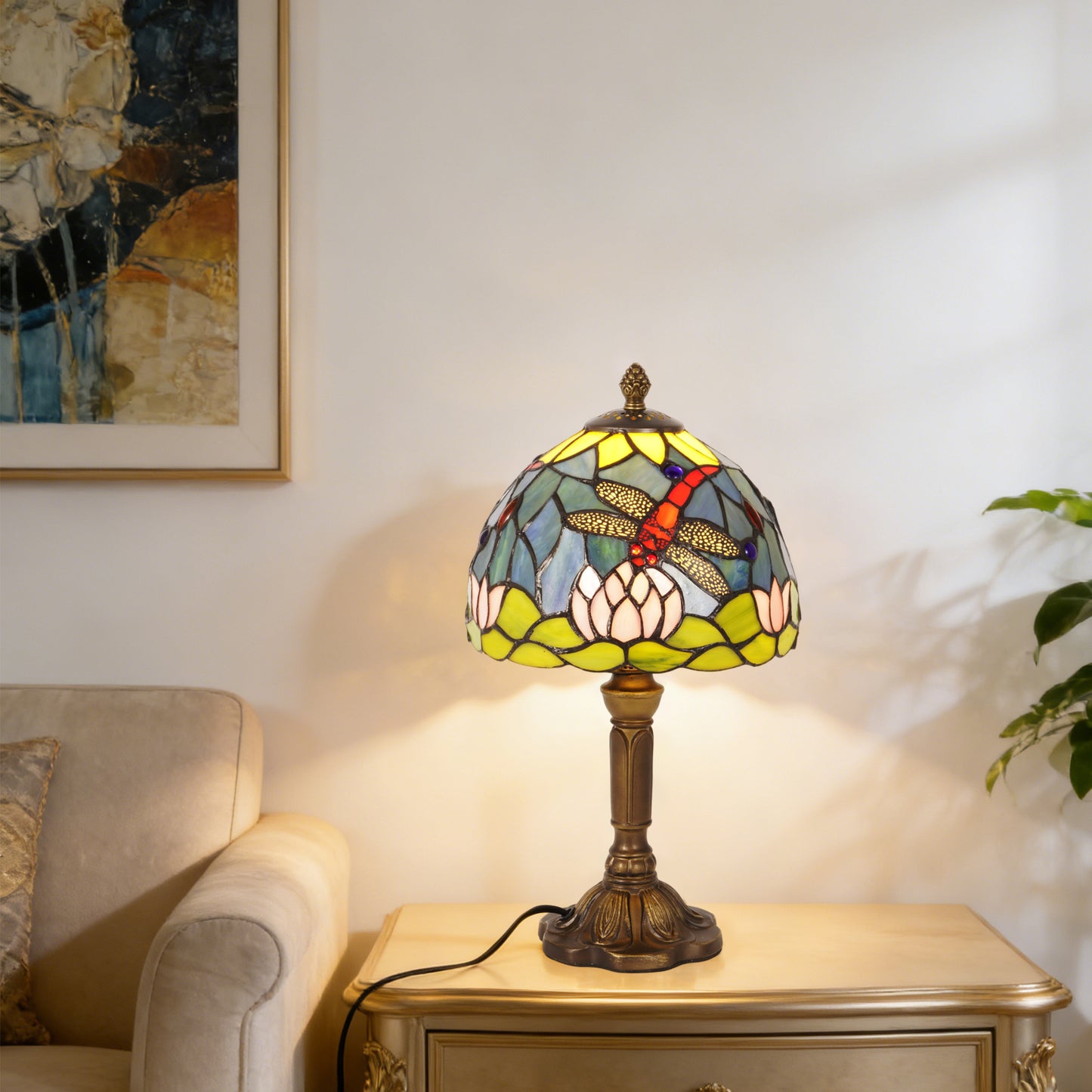 Vintage Tiffany Style Dragonfly & Water Lily Stained Glass Table Lamp - Art Glass Bedside Lamp with Bronze Base