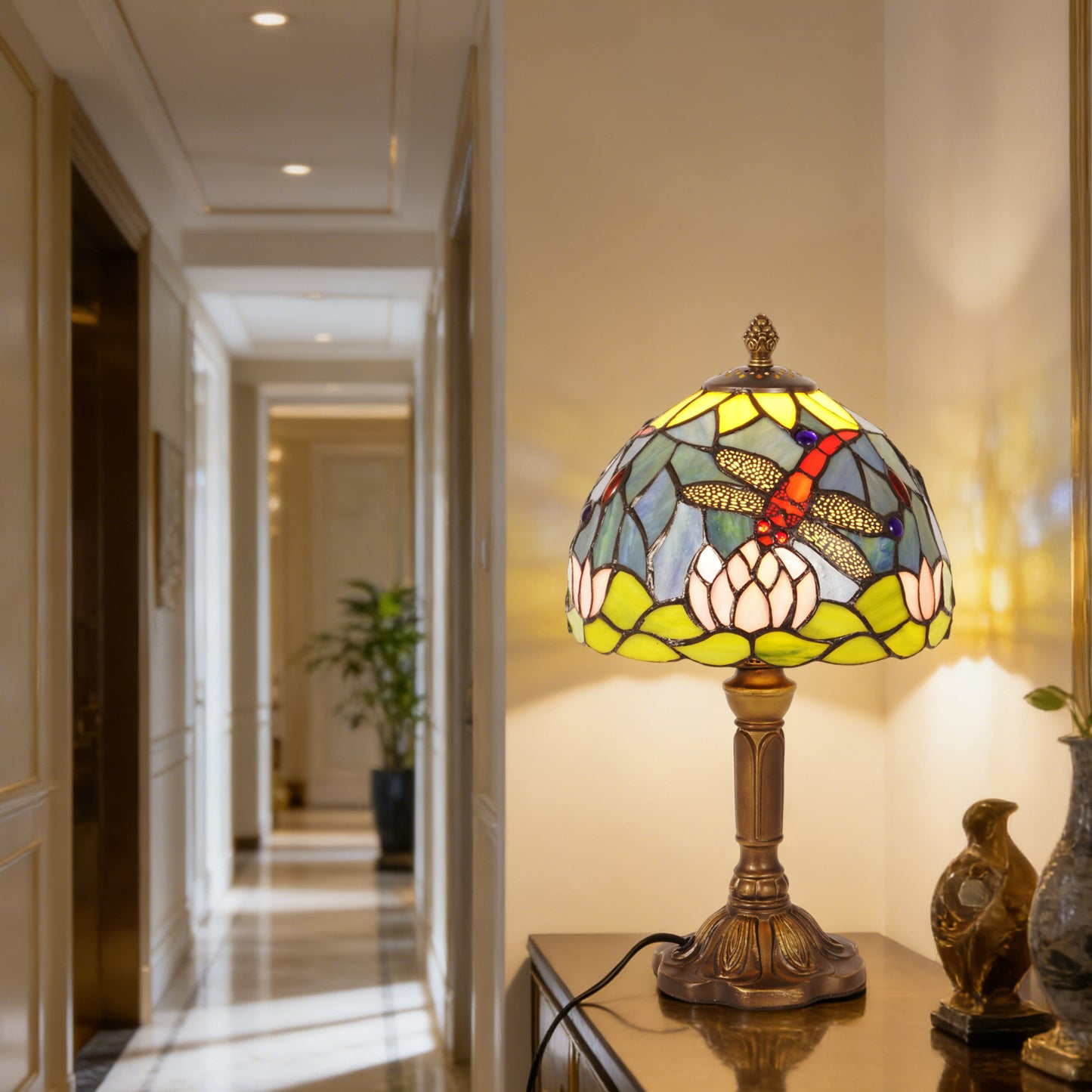 Vintage Tiffany Style Dragonfly & Water Lily Stained Glass Table Lamp - Art Glass Bedside Lamp with Bronze Base