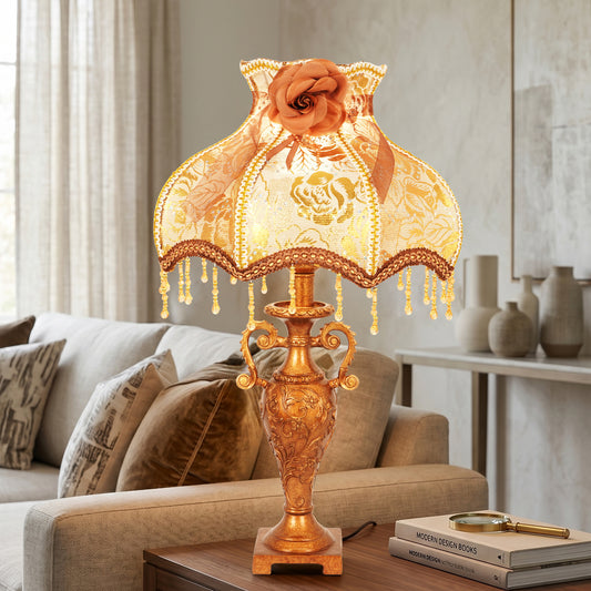 Vintage Victorian Lace Table Lamp with Rose & Beaded Trim | 3-Color Dimmable Bronze Base Desk Lamp