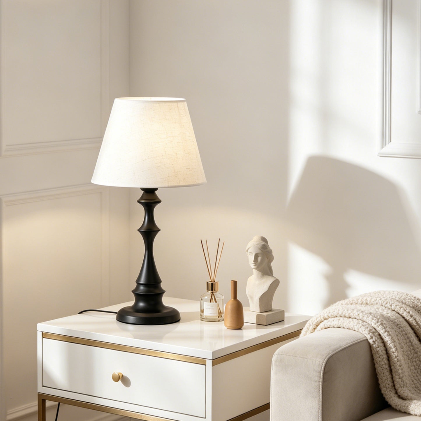 Modern Black Spindle Base Table Lamp with Linen Shade | 3-Color Dimmable Desk Lamp