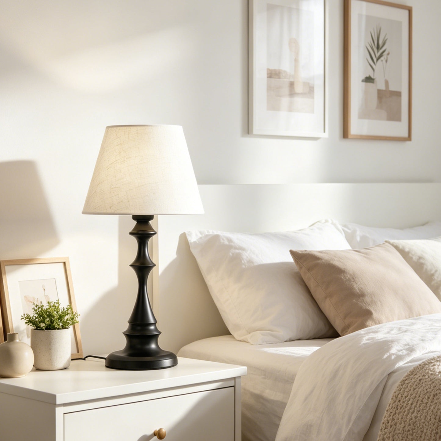 Modern Black Spindle Base Table Lamp with Linen Shade | 3-Color Dimmable Desk Lamp
