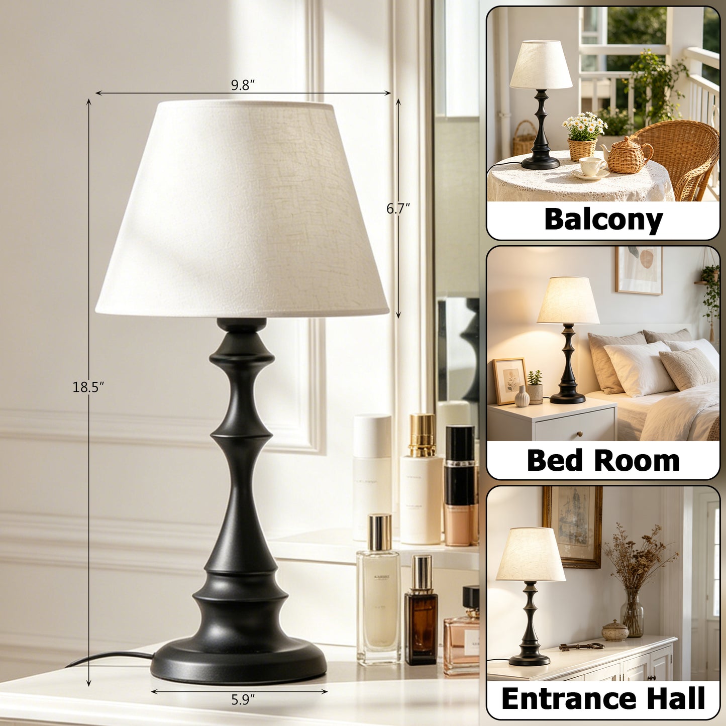 Modern Black Spindle Base Table Lamp with Linen Shade | 3-Color Dimmable Desk Lamp