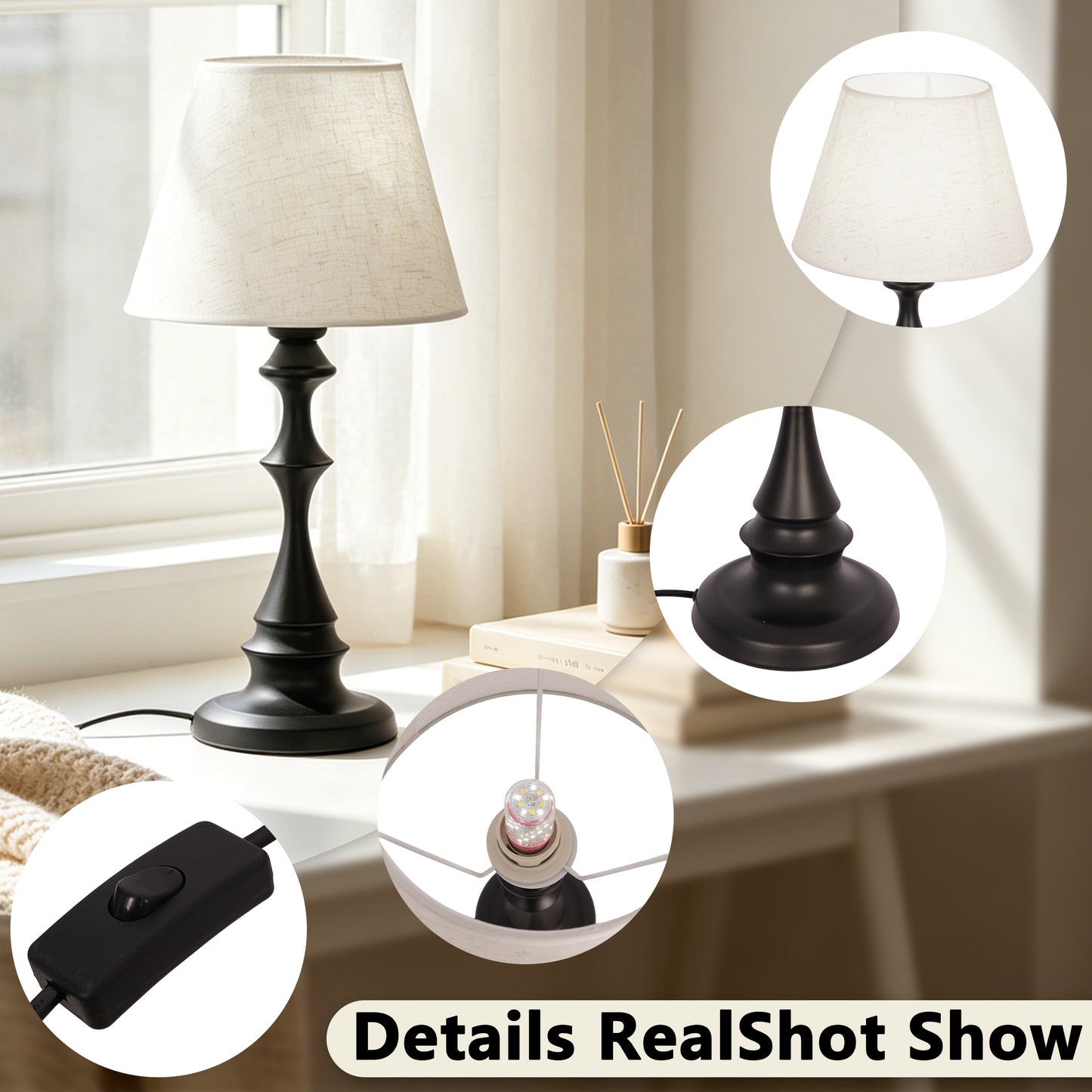 Modern Black Spindle Base Table Lamp with Linen Shade | 3-Color Dimmable Desk Lamp