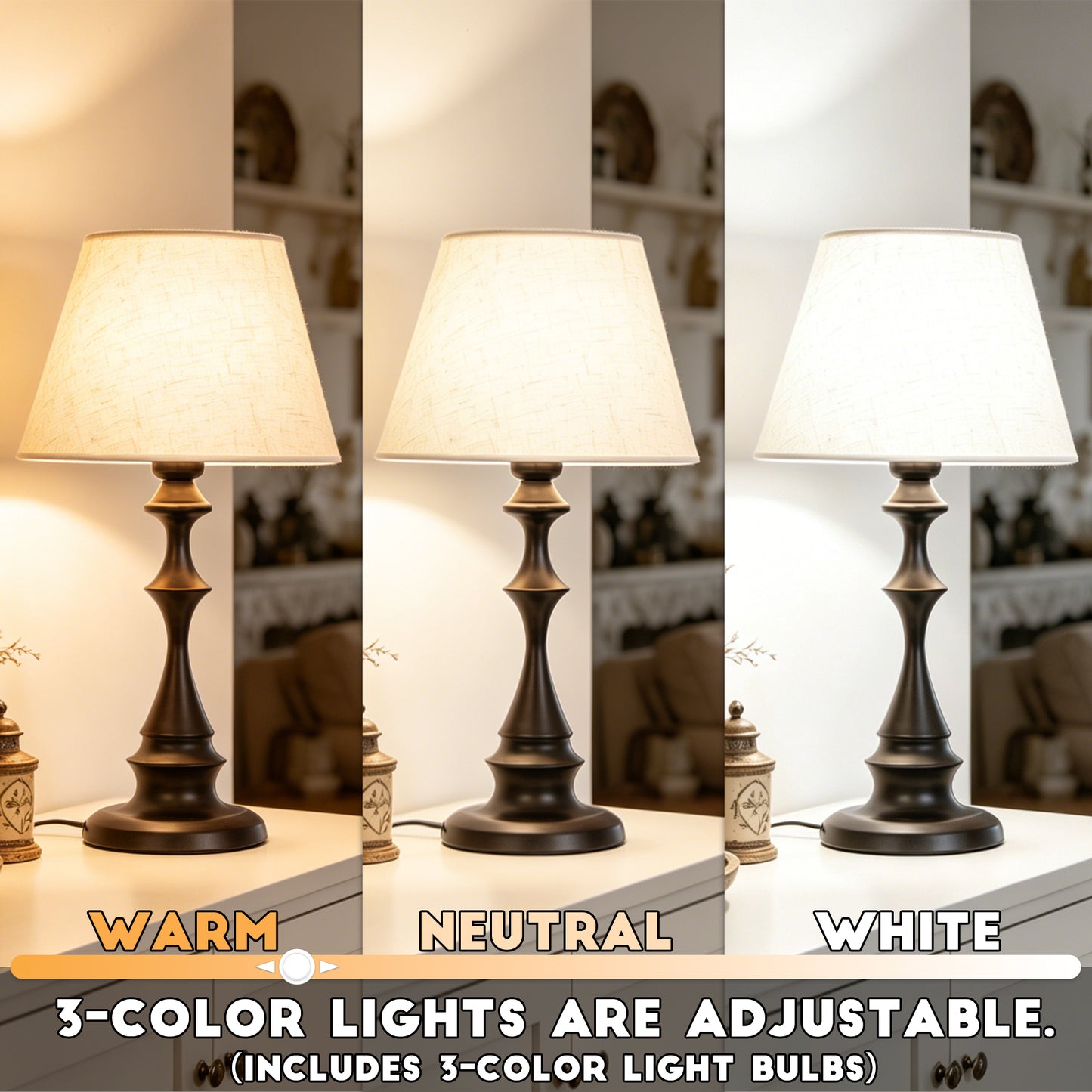 Modern Black Spindle Base Table Lamp with Linen Shade | 3-Color Dimmable Desk Lamp