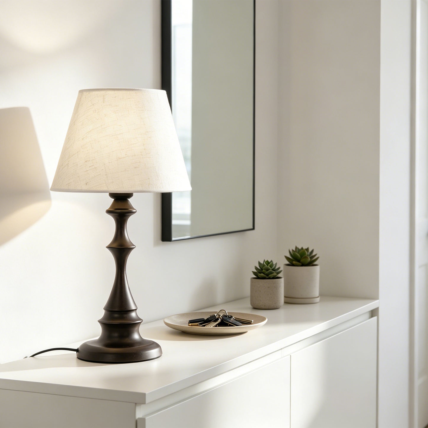 Modern Black Spindle Base Table Lamp with Linen Shade | 3-Color Dimmable Desk Lamp