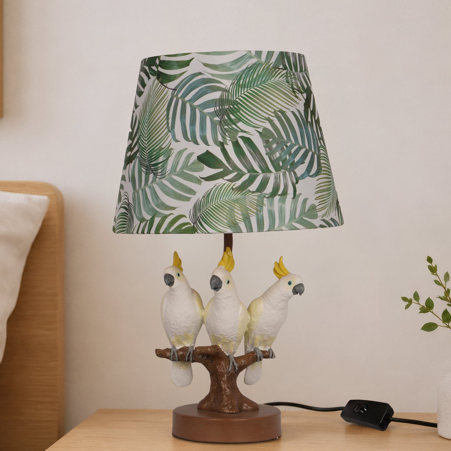 Tropical Cockatoo Table Lamp, Palm Leaf Shade Resin Base Accent Ligh