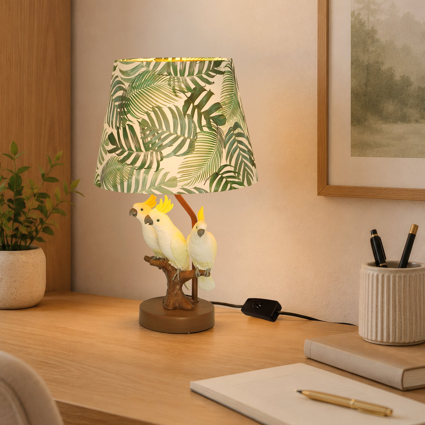 Tropical Cockatoo Table Lamp, Palm Leaf Shade Resin Base Accent Ligh