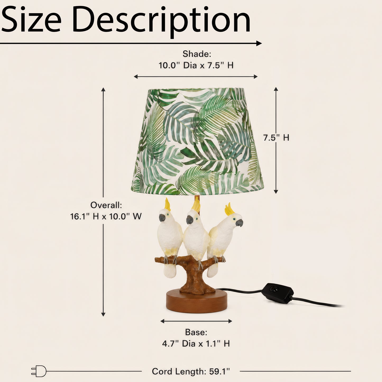 Tropical Cockatoo Table Lamp, Palm Leaf Shade Resin Base Accent Ligh