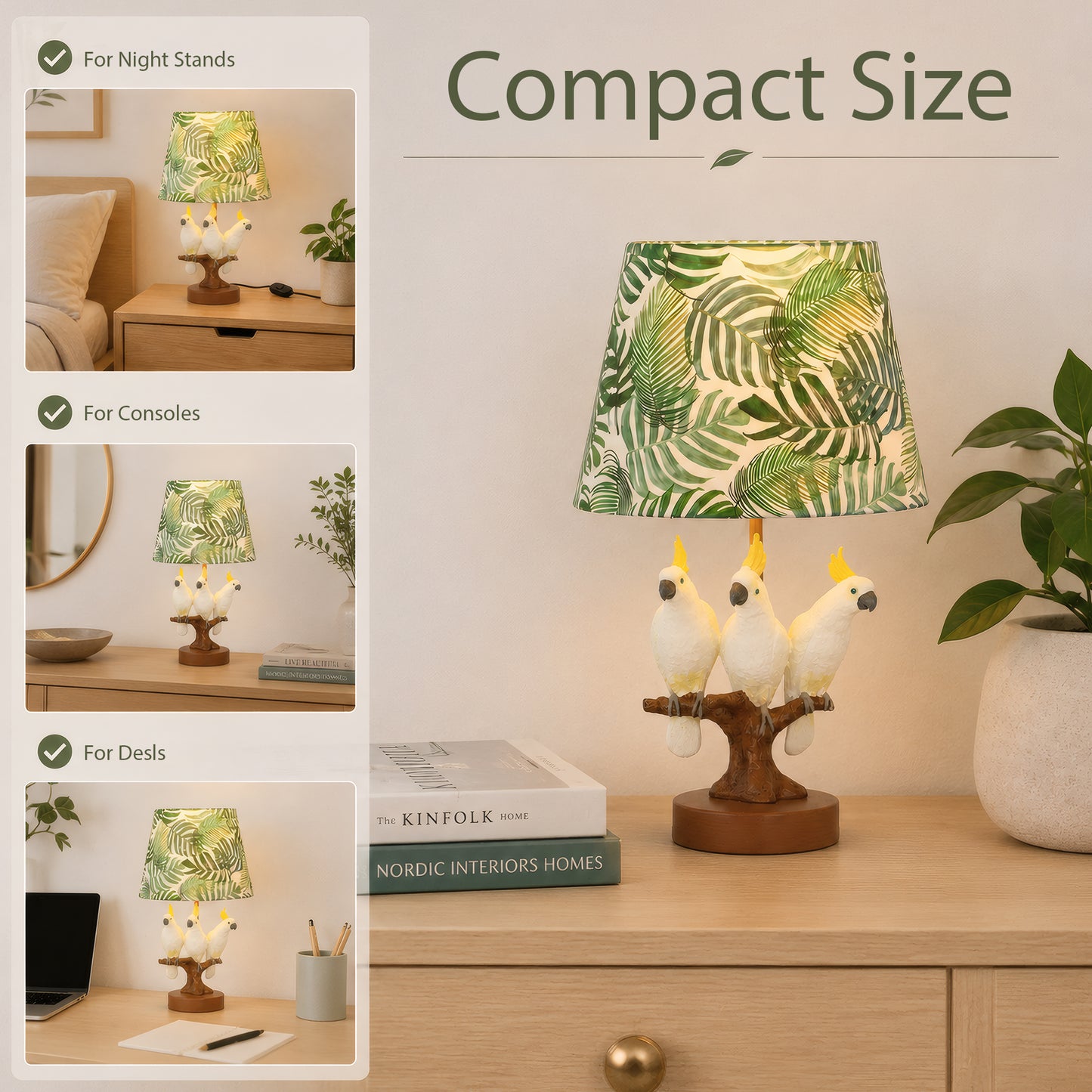 Tropical Cockatoo Table Lamp, Palm Leaf Shade Resin Base Accent Ligh