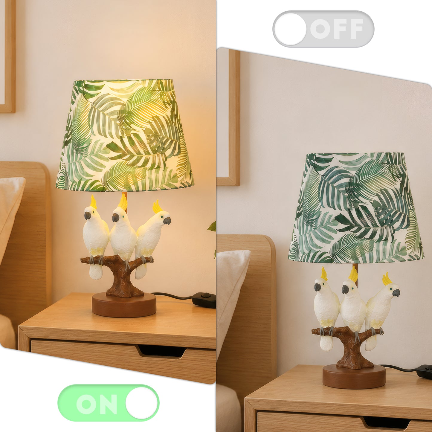 Tropical Cockatoo Table Lamp, Palm Leaf Shade Resin Base Accent Ligh