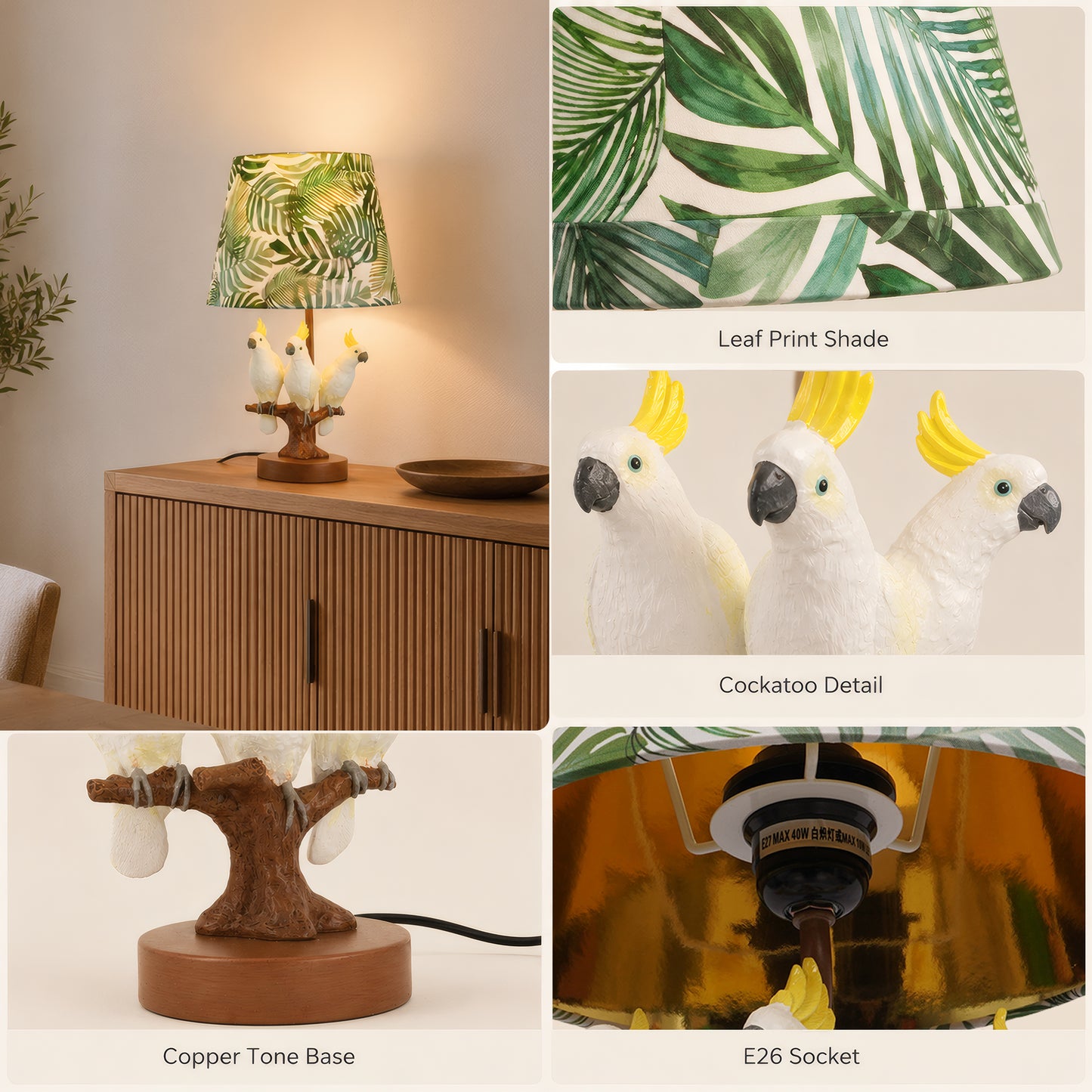 Tropical Cockatoo Table Lamp, Palm Leaf Shade Resin Base Accent Ligh