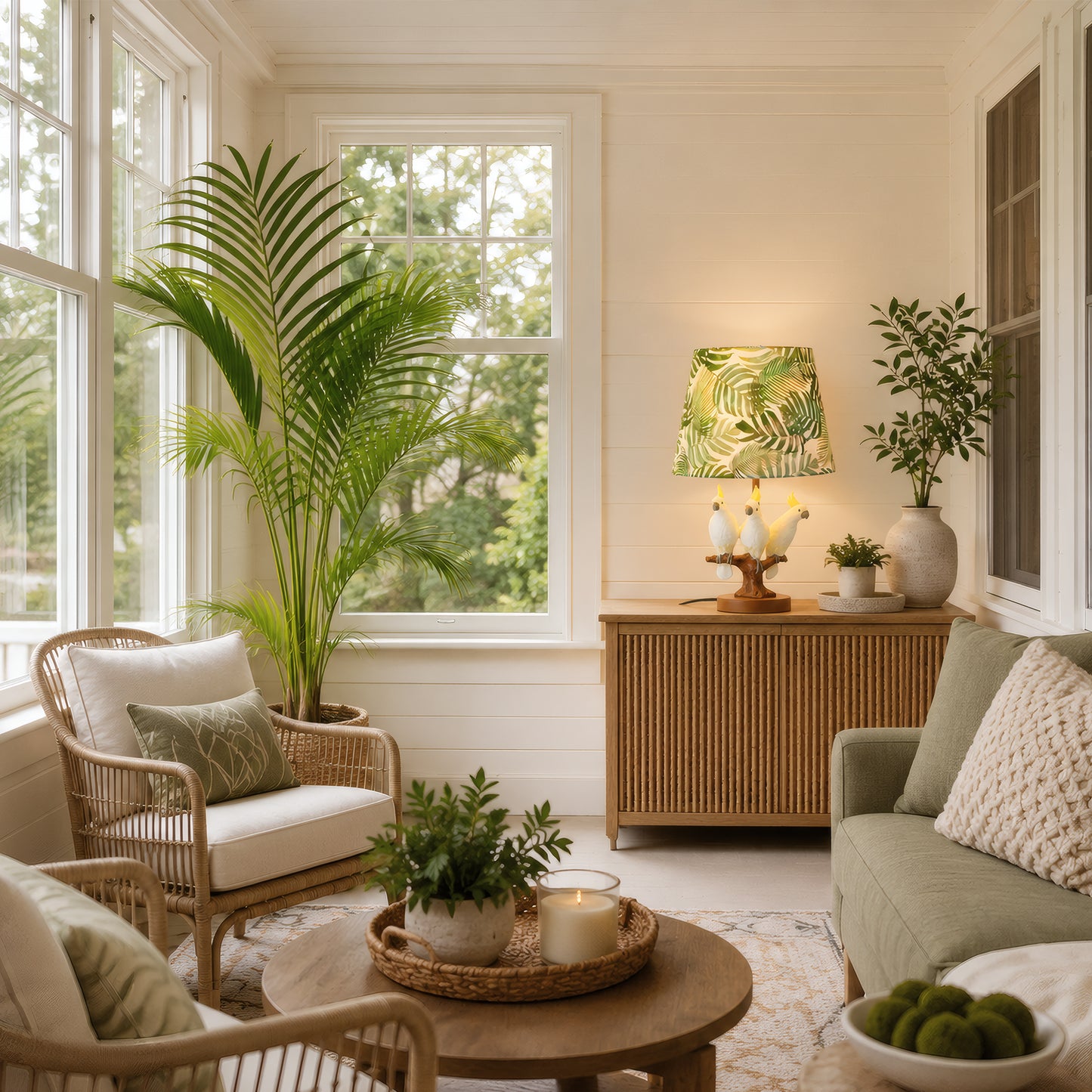 Tropical Cockatoo Table Lamp, Palm Leaf Shade Resin Base Accent Ligh