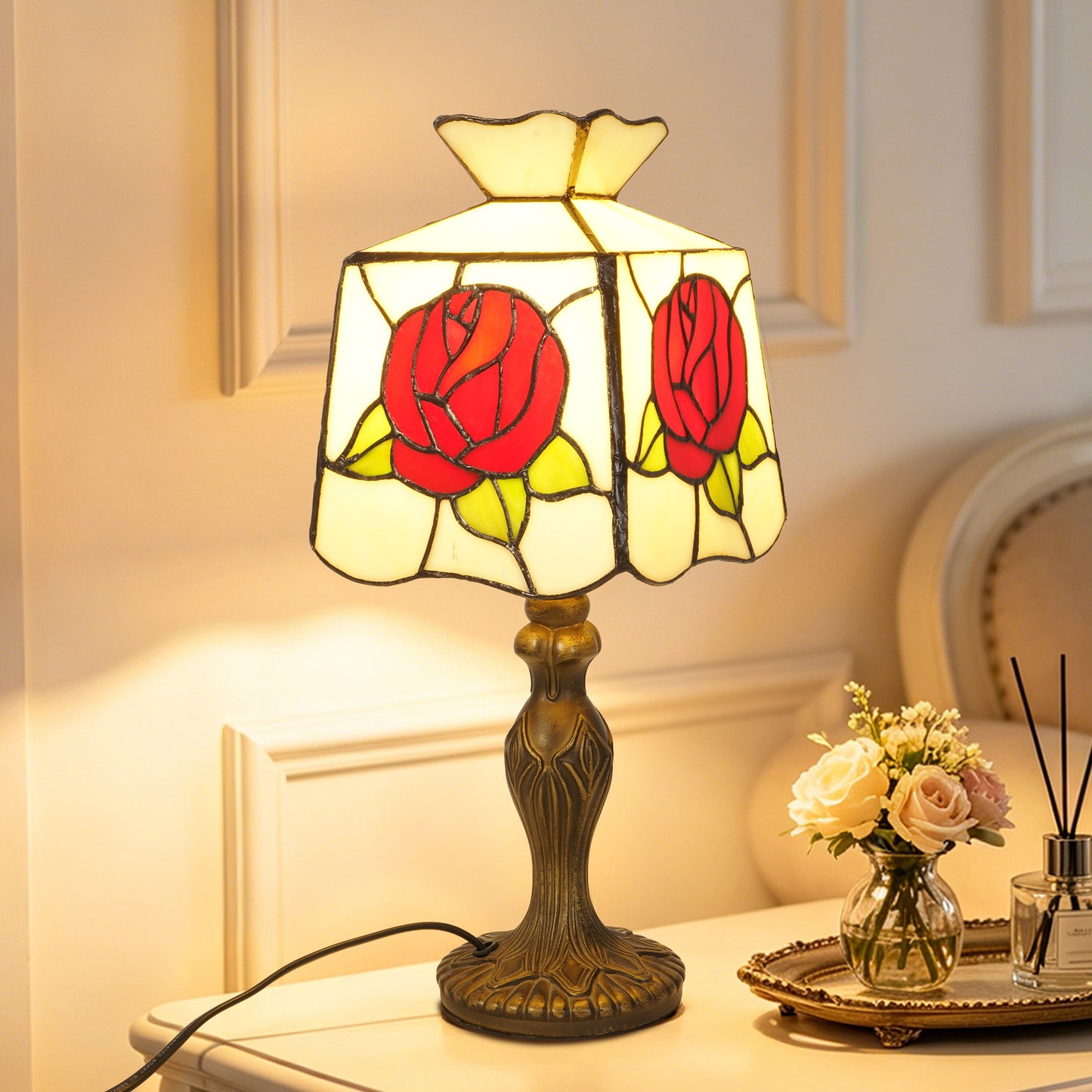 Rose Stained Glass Table Lamp, Vintage Art Deco Accent Light