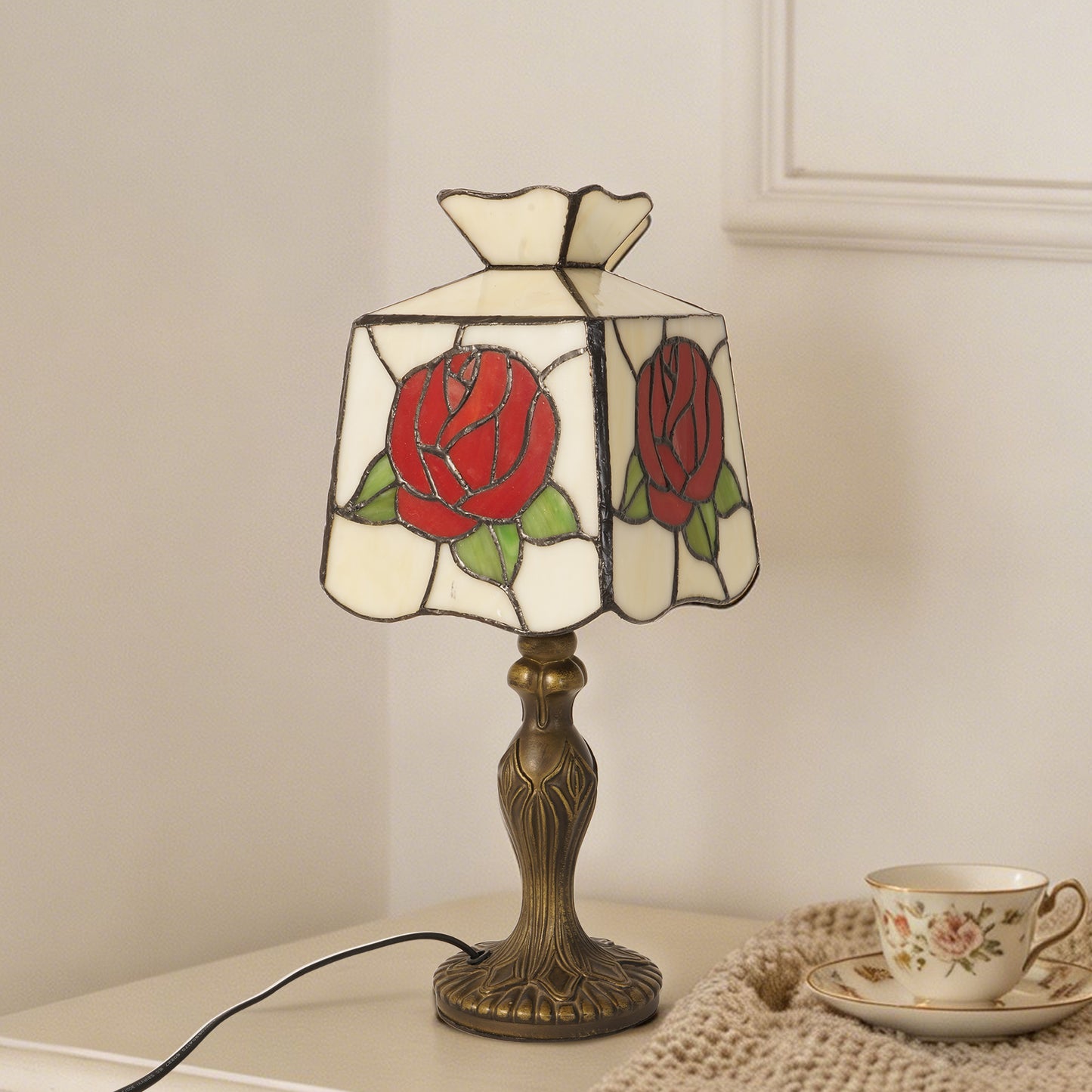 Rose Stained Glass Table Lamp, Vintage Art Deco Accent Light
