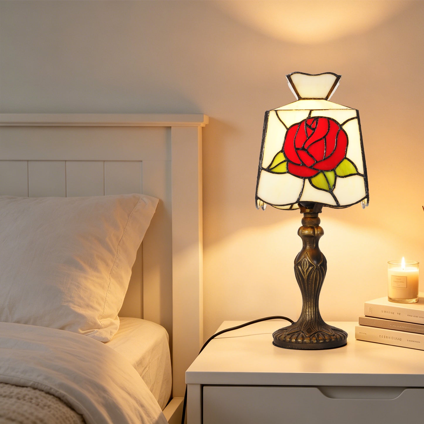 Rose Stained Glass Table Lamp, Vintage Art Deco Accent Light