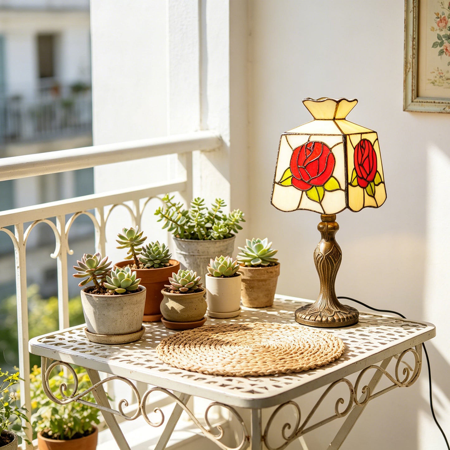Rose Stained Glass Table Lamp, Vintage Art Deco Accent Light