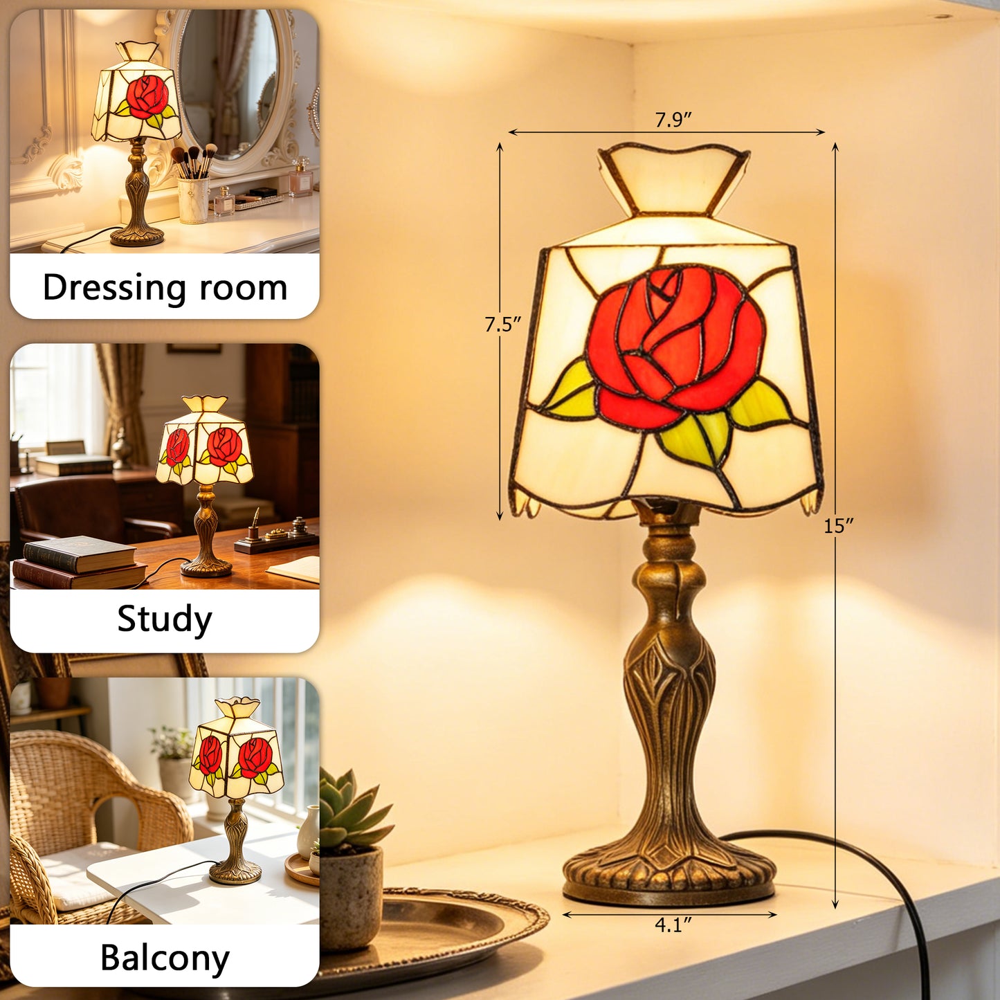 Rose Stained Glass Table Lamp, Vintage Art Deco Accent Light