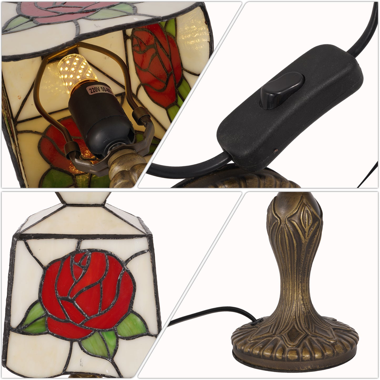 Rose Stained Glass Table Lamp, Vintage Art Deco Accent Light