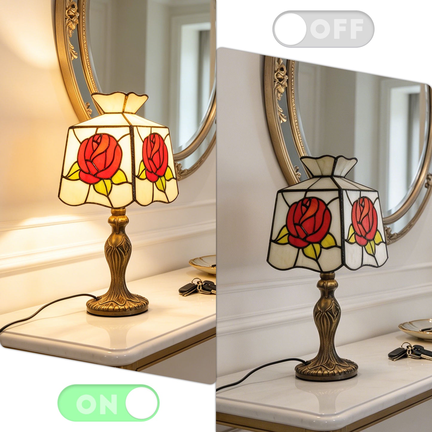 Rose Stained Glass Table Lamp, Vintage Art Deco Accent Light
