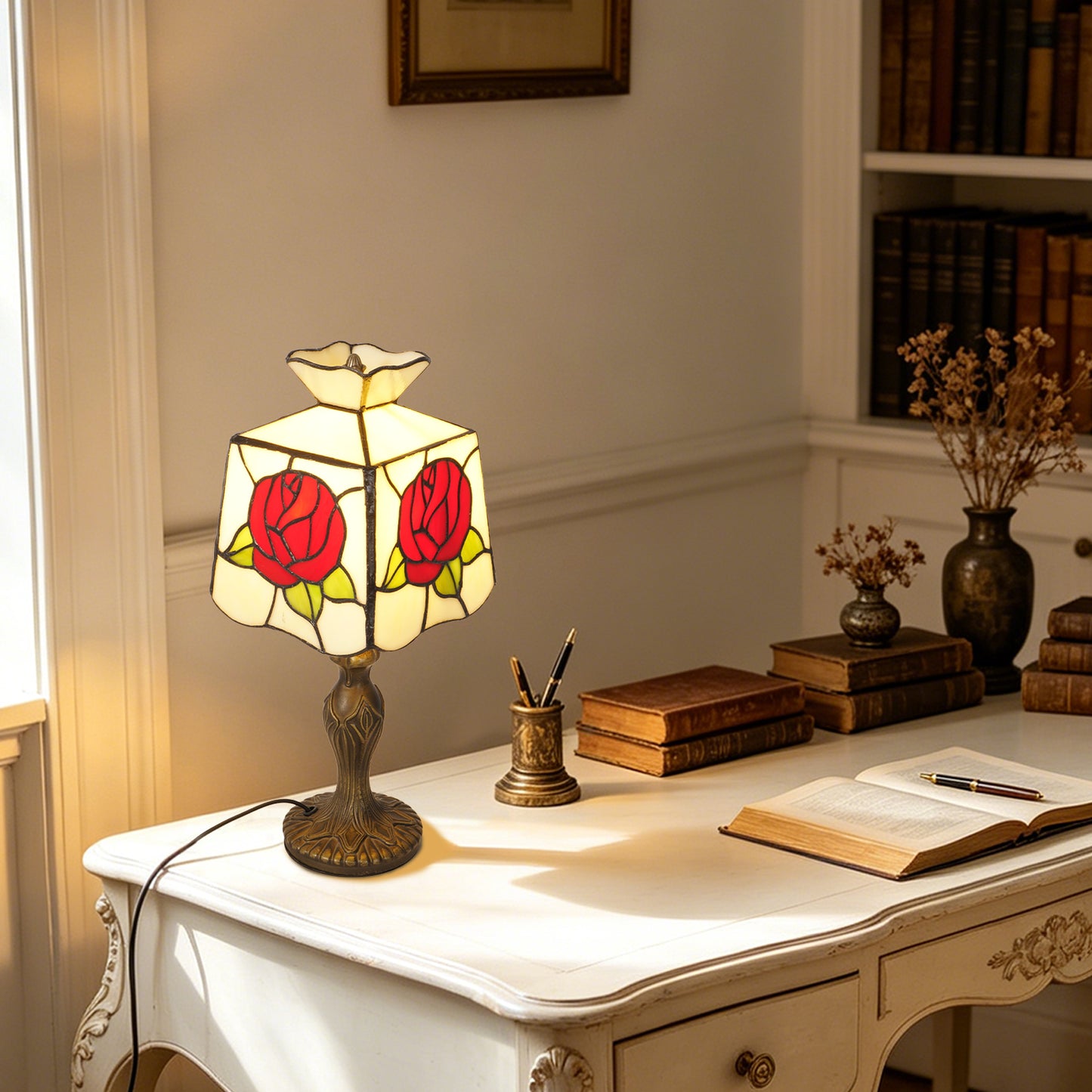 Rose Stained Glass Table Lamp, Vintage Art Deco Accent Light