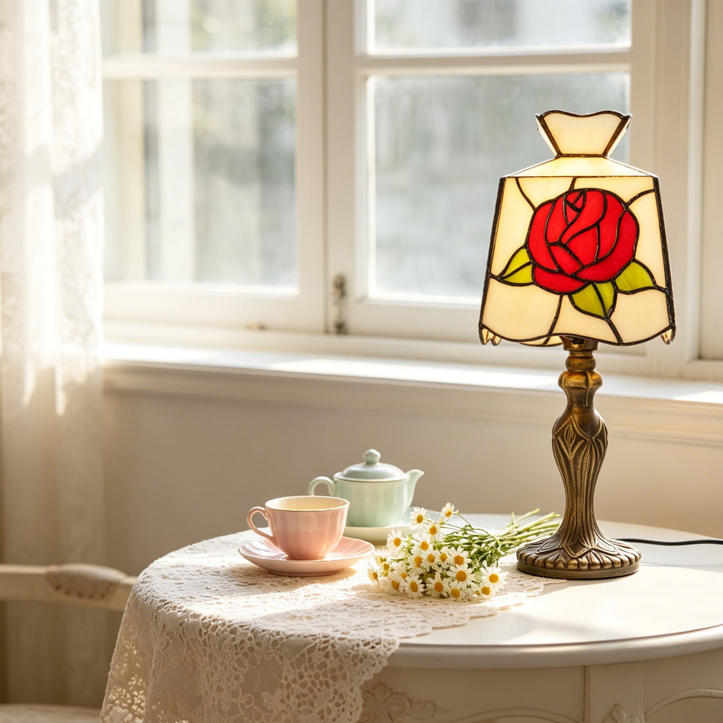 Rose Stained Glass Table Lamp, Vintage Art Deco Accent Light