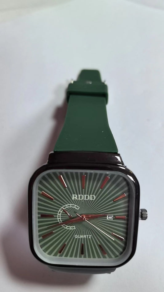Stylish Unisex Square Quartz Watch with Silicone Band | Minimalist Deep Green Wristwatch for Men and Women