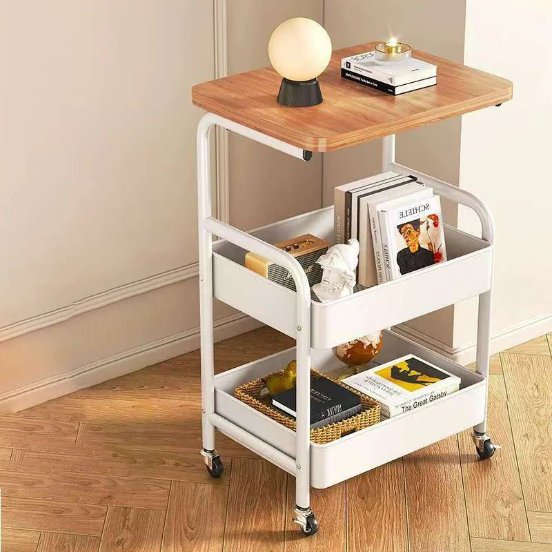 Modern Minimalist Iron Wood Mobile Basket Shelf Rack 3-Tier Side Table For Living Room