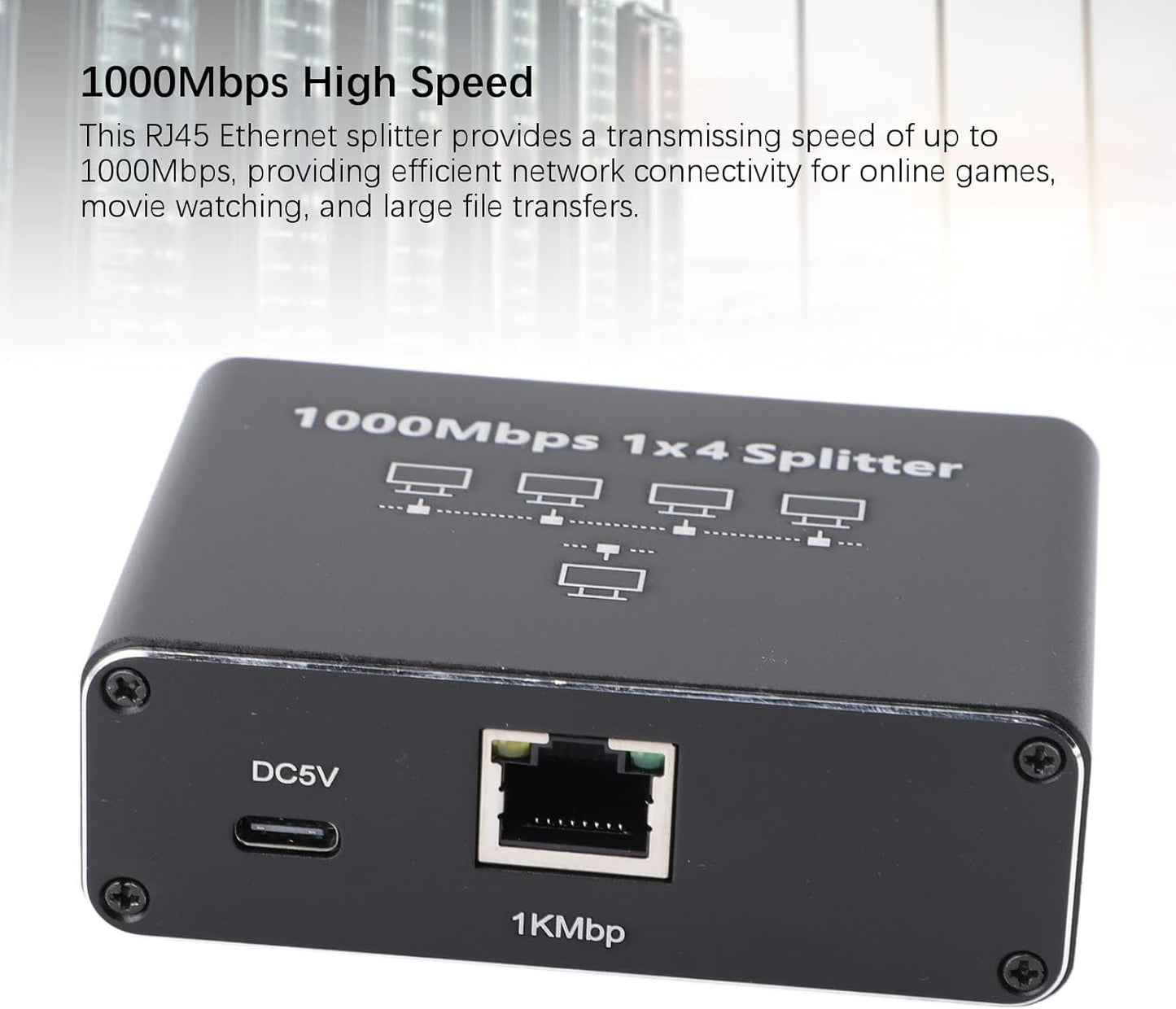 RJ45 Splitter, 1000Mbps Gigabit Ethernet Splitter with USB Power Cable, Aluminum Alloy for Computer, TV, Game Console