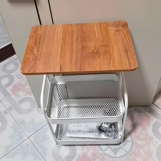 Modern Minimalist Iron Wood Mobile Basket Shelf Rack 3-Tier Side Table For Living Room