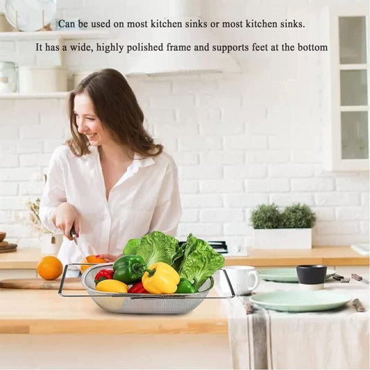 Over the Sink Colander Stainless Steel Fine Mesh Sink Strainer Basket with Extendable Handle for Pasta Fruits Vegetables