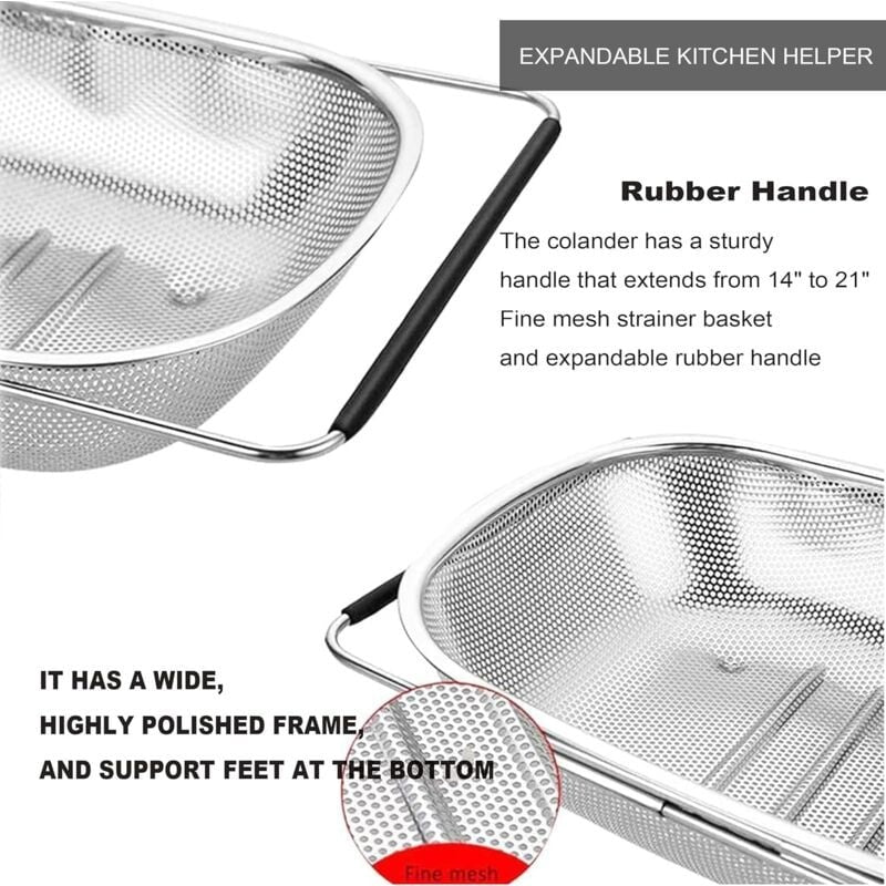 Over the Sink Colander Stainless Steel Fine Mesh Sink Strainer Basket with Extendable Handle for Pasta Fruits Vegetables